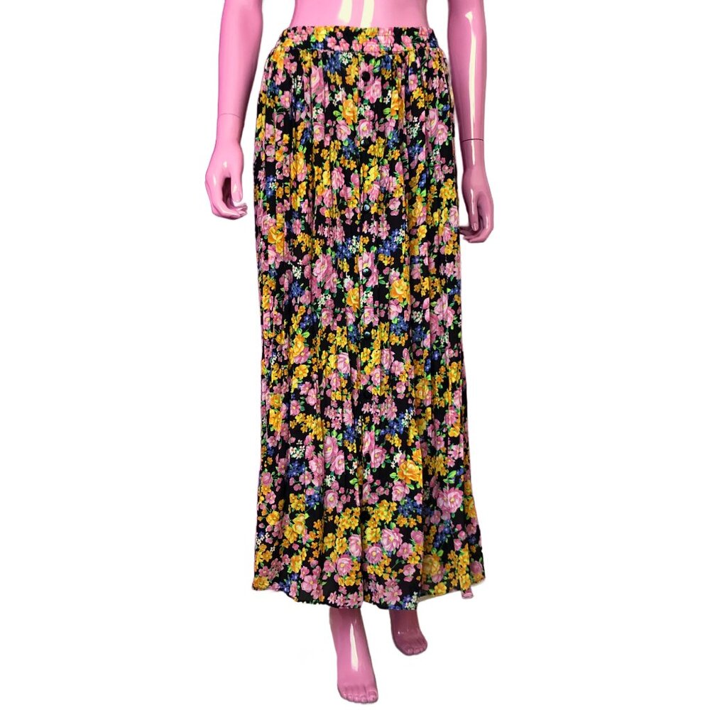 Vintage 90s M Maxi Skirt Sheer Chiffon Crinkle Pleats Black Floral Elastic Waist